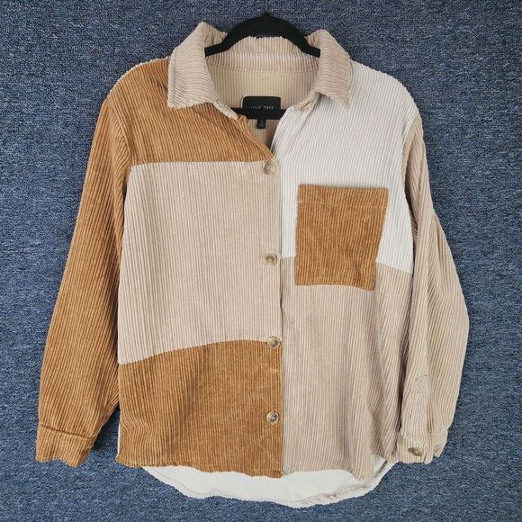 Love Tree Tops - Love Tree Corduroy Shacket Brown Tan‎ Colorblock Collared Button Up